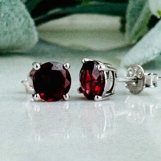Red Garnet Earrings - 6mm Round Faceted Studs - Claw Prong Set Sterling Silver