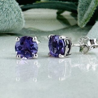 Amethyst Earrings - 6mm Round Faceted Studs - Claw Prong Set Sterling Silver