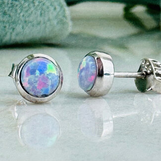 Balloon Opal Earrings - 6mm Round Circle Studs - Bezel Set Sterling Silver (Lab Created)