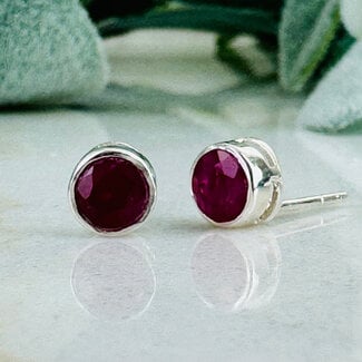 Ruby Earrings - Round Circle Faceted Studs - Bezel Set Sterling Silver