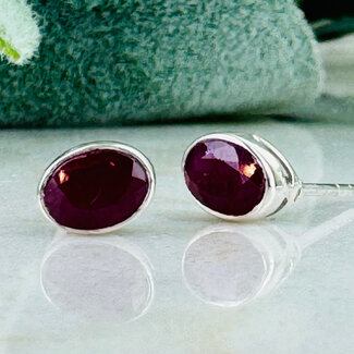 Ruby Earrings - Oval Faceted Studs - Bezel Set Sterling Silver