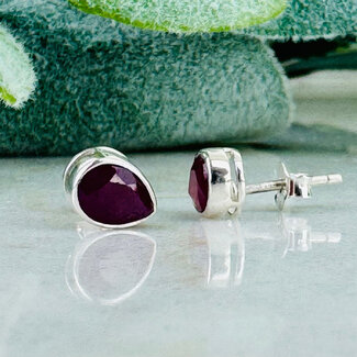 Ruby Earrings - Teardrop Pear Faceted Studs - Bezel Set Sterling Silver