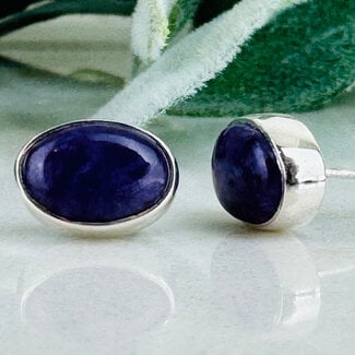 Lapis Lazuli Earrings - Oval Studs - Bezel Set Sterling Silver .925