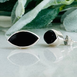 Shungite Earrings - Marquise Studs - Bezel Set Sterling Silver