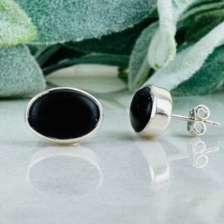 Shungite Earrings - Oval Studs - Bezel Set Sterling Silver