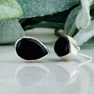 Shungite Earrings - Teardrop Pear Bezel Set Studs - Sterling Silver