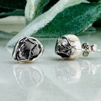 Meteorite Earrings - Rough Studs - Bezel Set Sterling Silver Raw Natural