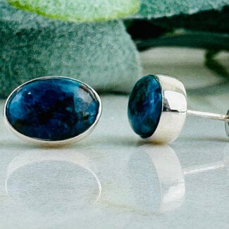 Shattuckite Earrings - Oval Studs - Bezel Set Sterling Silver