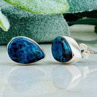 Shattuckite Earrings - Teardrop Pear Studs - Bezel Set Sterling Silver