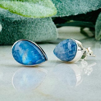 Blue Moonstone Earrings - Teardrop Pear Studs - Bezel Set Sterling Silver .925