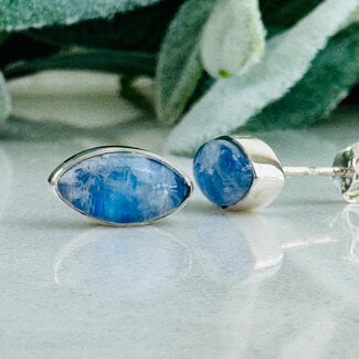 Blue Moonstone Earrings - Marquise Studs - Bezel Set Sterling Silver .925