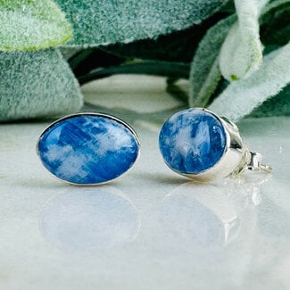 Blue Moonstone Earrings - Oval Studs - Bezel Set Sterling Silver .925