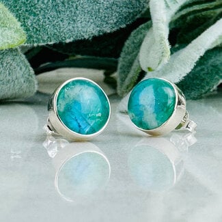 Green Moonstone Earrings - Round Circle Studs - Bezel Set Sterling Silver .925