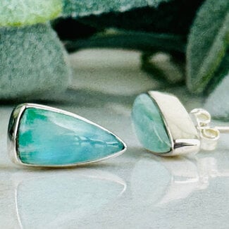 Green Moonstone Earrings - High Triangle Studs - Bezel Set Sterling Silver .925