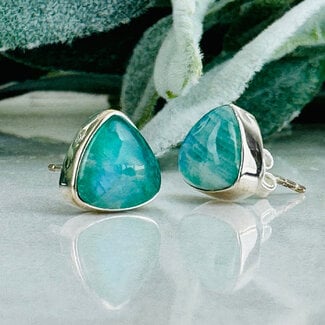 Green Moonstone Earrings - Triangle Studs - Bezel Set Sterling Silver .925