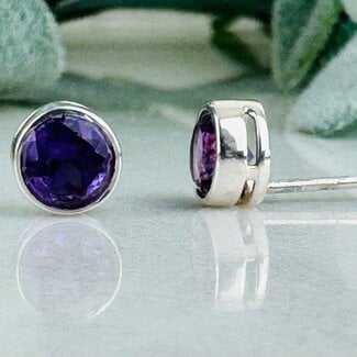 Amethyst Earrings - Round Circle Faceted Studs - Bezel Set Sterling Silver