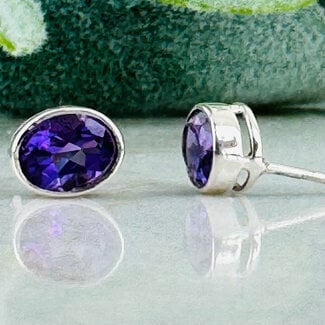 Amethyst Earrings - Oval Faceted Studs - Bezel Set Sterling Silver