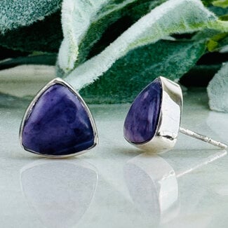 Tiffany Stone (Bertrandite) Earrings - Triangle Studs - Bezel Set Sterling Silver