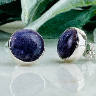Tiffany Stone (Bertrandite) Earrings - Round Circle Studs - Bezel Set Sterling Silver