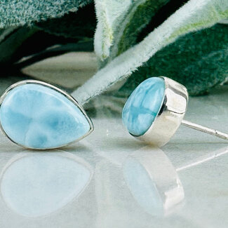 Larimar (Dolphin Stone) Earrings - Teardrop Pear Studs - Bezel Set Sterling Silver