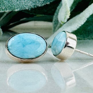 Larimar (Dolphin Stone) Earrings - Oval Studs - Bezel Set Sterling Silver