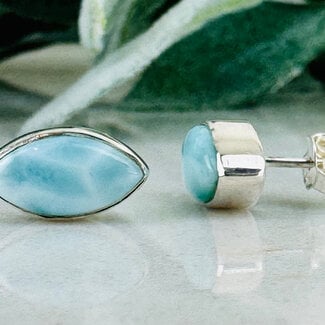 Larimar (Dolphin Stone) Earrings - Marquise Studs - Bezel Set Sterling Silver