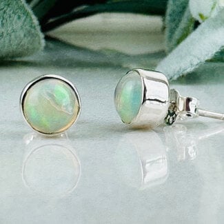 Ethiopian Opal Earrings - Round Circle Studs - Bezel Set Sterling Silver
