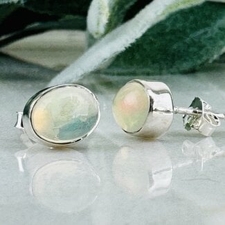 Ethiopian Opal Earrings - Oval Studs - Bezel Set Sterling Silver