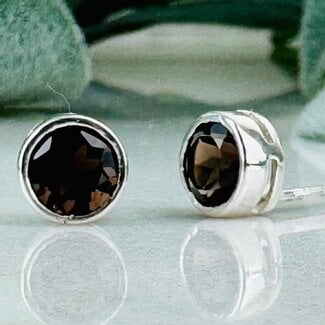 Smoky (Smokey) Quartz Earrings - Circle Round Faceted Studs - Bezel Set Sterling Silver