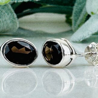 Smoky (Smokey) Quartz Earrings - Oval Faceted Studs - Bezel Set Sterling Silver