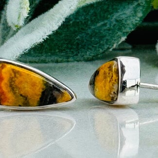 Bumblebee (Bumble Bee) Jasper Earrings - High Triangle Studs - Bezel Set Sterling Silver .925