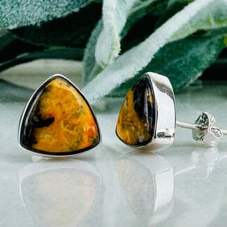 Bumblebee (Bumble Bee) Jasper Earrings - Triangle Studs - Bezel Set Sterling Silver .925