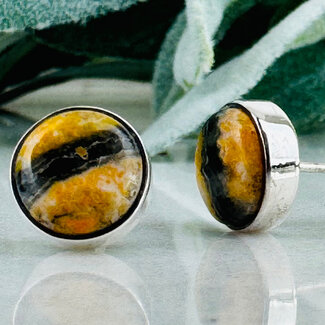 Bumblebee (Bumble Bee) Jasper Earrings - Round Circle Studs - Bezel Set Sterling Silver .925