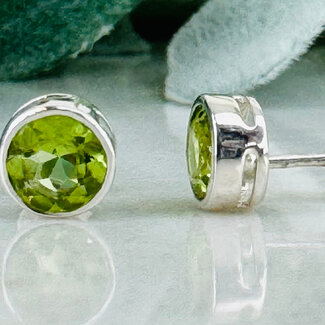 Peridot Earrings - Circle Round Faceted Studs - Bezel Set Sterling Silver