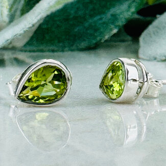 Peridot Earrings - Teardrop Pear Faceted Studs - Bezel Set Sterling Silver