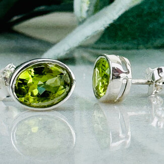 Peridot Earrings - Oval Faceted Studs - Bezel Set Sterling Silver