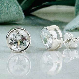 White Topaz Earrings - Round Circle Faceted Studs - Bezel Set Sterling Silver