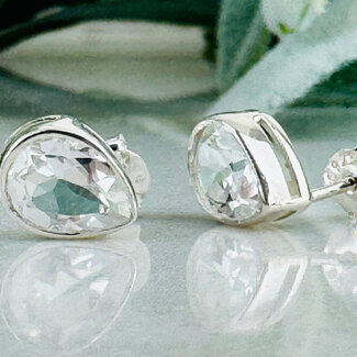 White Topaz Earrings - Teardrop Pear Faceted Studs - Bezel Set Sterling Silver