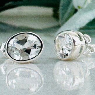 White Topaz Earrings - Oval Faceted Studs - Bezel Set Sterling Silver