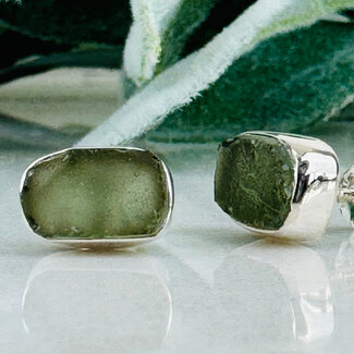 Moldavite Earrings - Rough 'Rectangle' Studs - Bezel Set Sterling Silver Raw Natural
