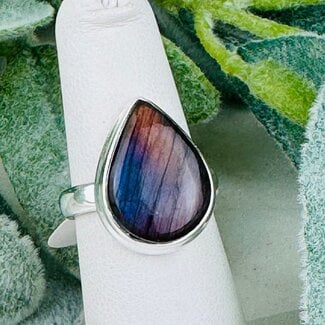 Purple Fire Labradorite Rings - Size 9 Teardrop Pear Bezel Set - Sterling Silver