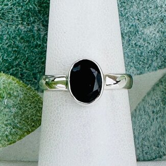 Black Tourmaline Rings - Size 6 Oval Faceted - Bezel Set Sterling Silver