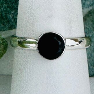 Black Tourmaline Rings - Size 8 Circle Round Faceted - Bezel Set Sterling Silver