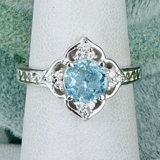 Aquamarine & Moissanite Rings - Size 8 Round Circle Art Deco Quad Filigree - Claw Prong Set Sterling Silver