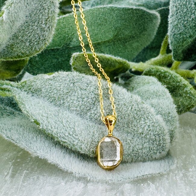 Herkimer Diamond Necklaces - Rough Bezel Set - Gold Vermeil 16-18" Dainty Link Chain Raw Natural