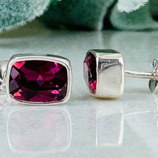 Rhodolite Garnet Earrings - Rectangle Faceted Studs - Bezel Set Sterling Silver