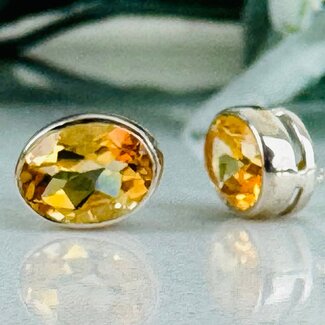 Citrine Earrings - Oval Faceted Studs - Bezel Set Sterling Silver