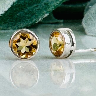 Citrine Earrings - Round Circle Faceted Studs - Bezel Set Sterling Silver