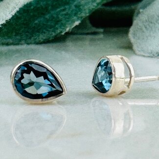 Blue Topaz (London) Earrings - Teardrop Pear Faceted Studs - Bezel Set Sterling Silver