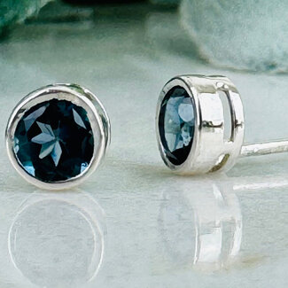 Blue Topaz (London) Earrings - Round Circle Faceted Studs - Bezel Set Sterling Silver